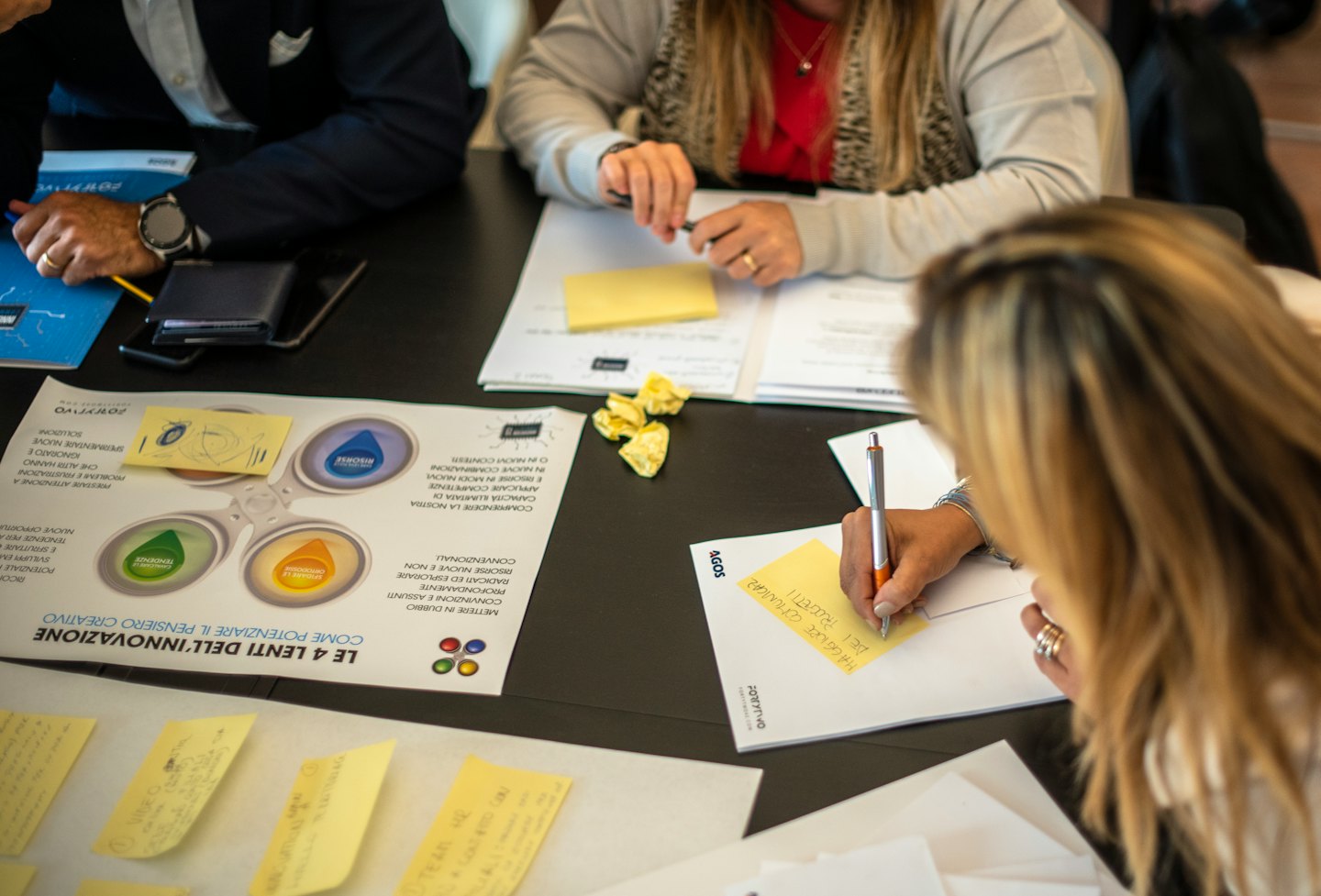 Professionisti che collaborano attorno a un tavolo con post-it e documenti.