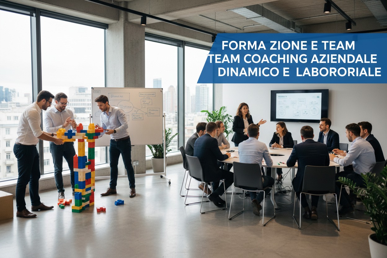 Un gruppo di professionisti partecipa a una sessione di team building in ufficio, mentre altri colleghi costruiscono una torre con grandi mattoncini colorati.